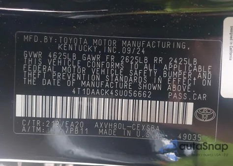 2025 Toyota Camry Se z USA, uszkodzony, nr VIN 4T1DAACK4SU056662